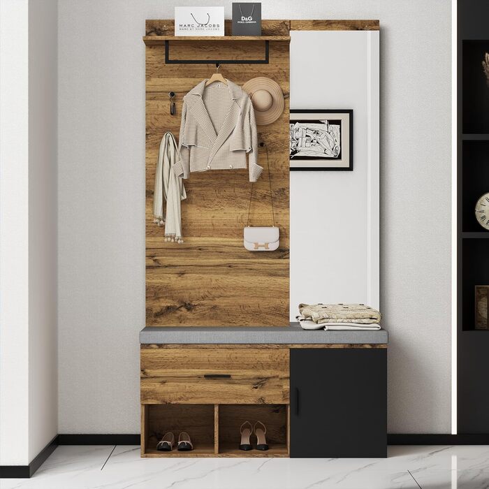 Набір вішалок для одягу Ymkua настінна вішалка, набір вішалок для передпокою з підставкою для взуття, дзеркалом і подушками, набір