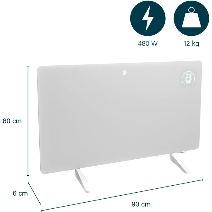 Інфрачервоний обігрівач Princess Connected - Carbon Crystal - Плоский настінний радіатор - 480 Вт - Регульований термостат до 50 C - 24-годинний таймер - Тижневе програмування - Білий або чорний (білий)
