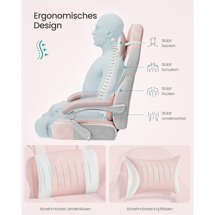 Ігрове крісло SONGMICS, офісне крісло з підставкою для ніг, робоче крісло з підголівником та поперековою подушкою, регульована висота, ергономічне, вантажопідйомність до 150 кг, пастельно-рожевий OBG073P01 пастельно-рожевий кремово-білий