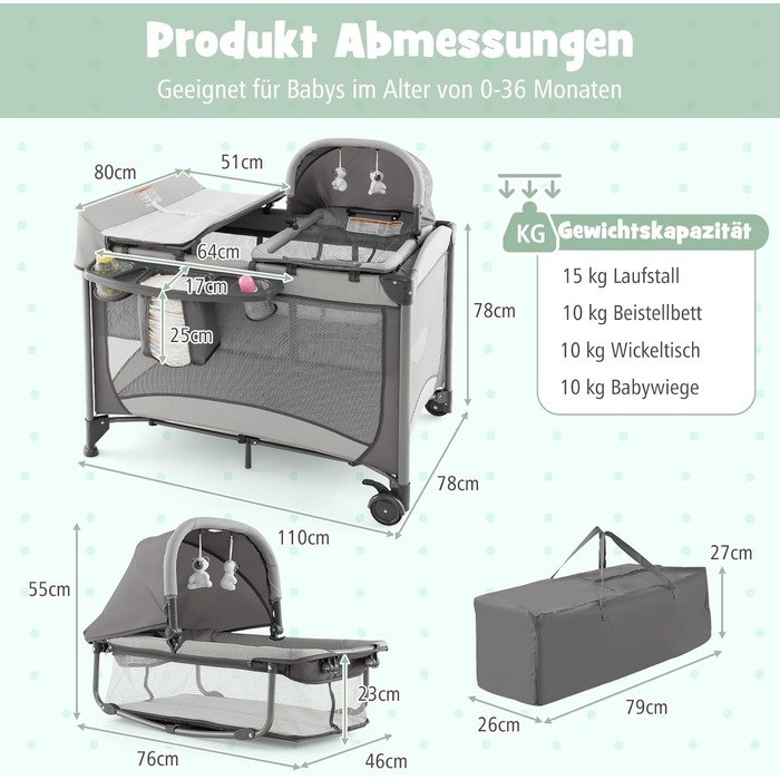 Дорожнє ліжечко 5-в-1 для немовлят з матрацом, 110 x 78 см, Ліжечко Side-by-Side з колискою та пеленальний килимок, Повний комплект дитячого ліжка для новонароджених та дітей до 36 місяців (сірий)