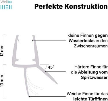 Ущільнювач душових дверей Wellba Premium для прямих скляних дверей товщиною 6 мм 7 мм 8 мм Водовідштовхувальний ущільнювач для душу або ущільнювач душової кабіни з оптимально розташованими гумовими губками (3 шт. 60 см)
