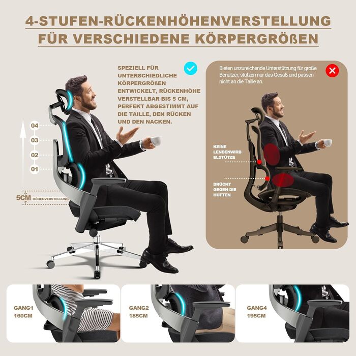 Офісне крісло ReliefBack Master 200 кг Переможець ергономічного тесту Синхронне регулювання 5-позиційна регульована спинка Регульована глибина сидіння 4D підлокітники Офісне крісло з 3D підголівником, чорне (ReliefBack Master)