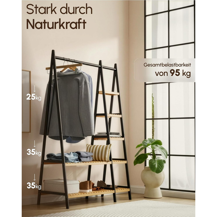 Вішалка для одягу, штанга для одягу, підставка для гардеробу, 44 x 110 x 160 см, шафа, полиця для взуття, відкрита шафа, 7 полиць, спальня, передпокій, бамбук, чорний