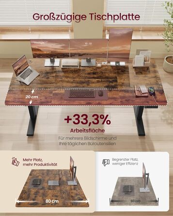 Стіл VASAGLE з регульованою висотою, 180 x 80 см, порт USB-C, подовжувач для зберігання, стіл для роботи стоячи, нагадування про тривале сидіння, 3 кнопки пам&39яті, для офісу, вінтажний коричневий LSD148KD02 180 x 80 см вінтажний коричневий