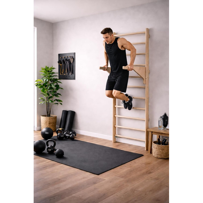 Шведська стінка з турніком для дорослих (230 см), дерев&39яна стінка для скелелазіння, багатофункціональне фітнес-обладнання, драбина для скелелазіння для дорослих та дітей, 100 ЕКО, зроблено в ЄС з кільцями для гімнастики DIP