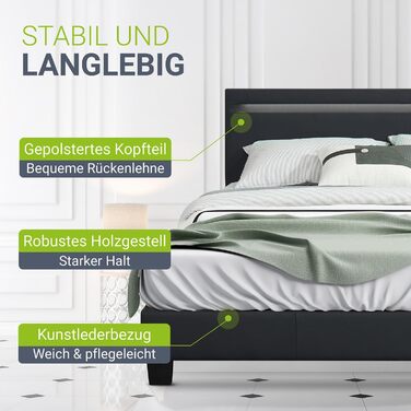 М'яке ліжко Juskys Paris 140x200 см зі світлодіодним підсвічуванням, решітчастим каркасом та узголів'ям - зі штучної шкіри та дере