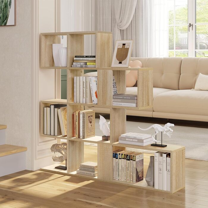 Рівнева книжкова полиця, полиця-перегородка кімнати з 11 відкритими відділеннями, окремостояча полиця для сходів, полиця-ступінь, для вітальні, спальні, офісу, 115x109,5x19,5 см, світлий дуб, 4-