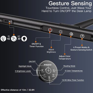 Настільна лампа EYOCEAN LED, настільна лампа 24 Вт 80 см з керуванням жестами, лампа денного світла з регулюванням яскравості Монітор захисту очей Лампа для монітора для працівника в офісі Архітектор Кравець Матовий чорний