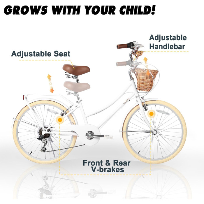 Міський велосипед Glerc Missy 20&39 24&39 26&39 дюймів для дівчаток старше 8 років, гібридний, 6-швидкісний, з плетеним кошиком, легкий, білий, 24 дюйми, із заднім багажником, різні кольори