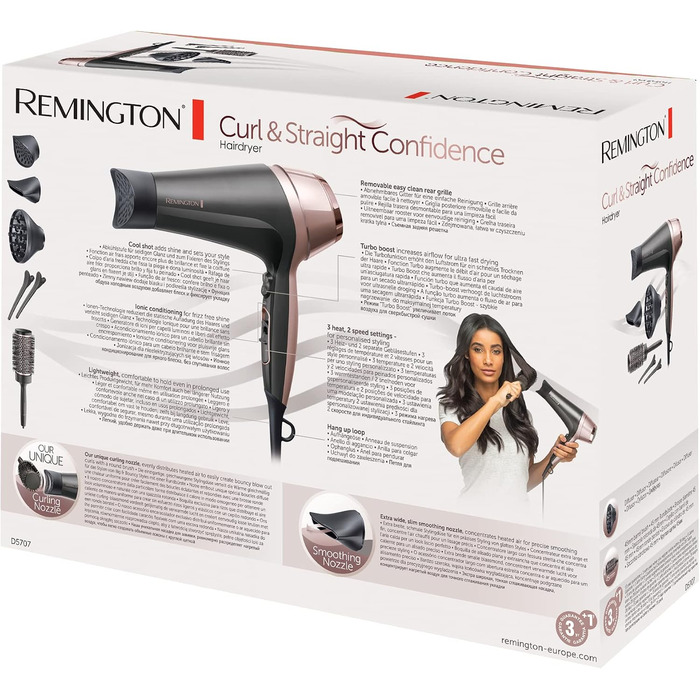 Фен для волосся Remington Curl-Straight з іонізацією (2200 Вт, 3 насадки конічна, для локонів та дифузор, кругла щітка 45 мм, затискачі, 3 рівні температури та 2 рівні обдуву) D5707, чорний