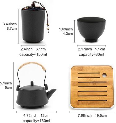 Японський портативний набір для чаювання Fanquare в дорожній сумці, чорний порцеляновий чайний сервіз з чайником, мініатюрний китайський чайний набір для дорослих, подарунок для чоловіків