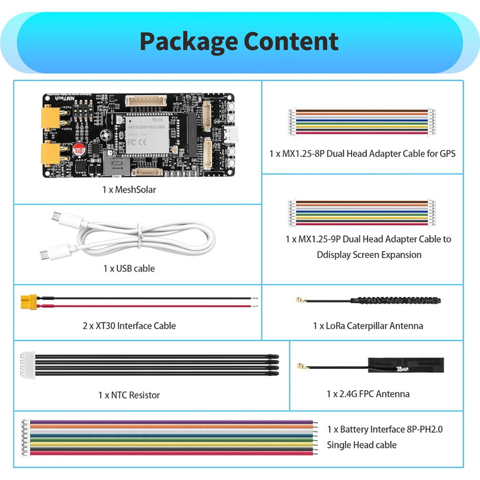 Плата розробки MeshSolar для літій-іонних систем BMS BLE/LoRa, мікроконтролер nRF52840 SX1262 LoRa. Підтримує Bluetooth та LoRa 868 МГц. Сумісний з літій-полімерним акумулятором Meshtastic.