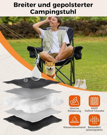Крісло для кемпінгу KingCamp, складне, міцне, для дорослих, висота 205 кг, складні кемпінгові крісла, з регульованою поперековою опорою, сумкою-холодильником та підлокітниками, висока спинка, садове крісло, риболовля M - чорний сучасний