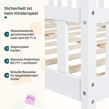 Дитяче ліжко Hesel, домашнє ліжко, біле, 90 x 200 см, із захистом від падіння та рейковою основою, підлогове ліжко Монтессорі, дитяче ліжко, дерев&39яне ліжко