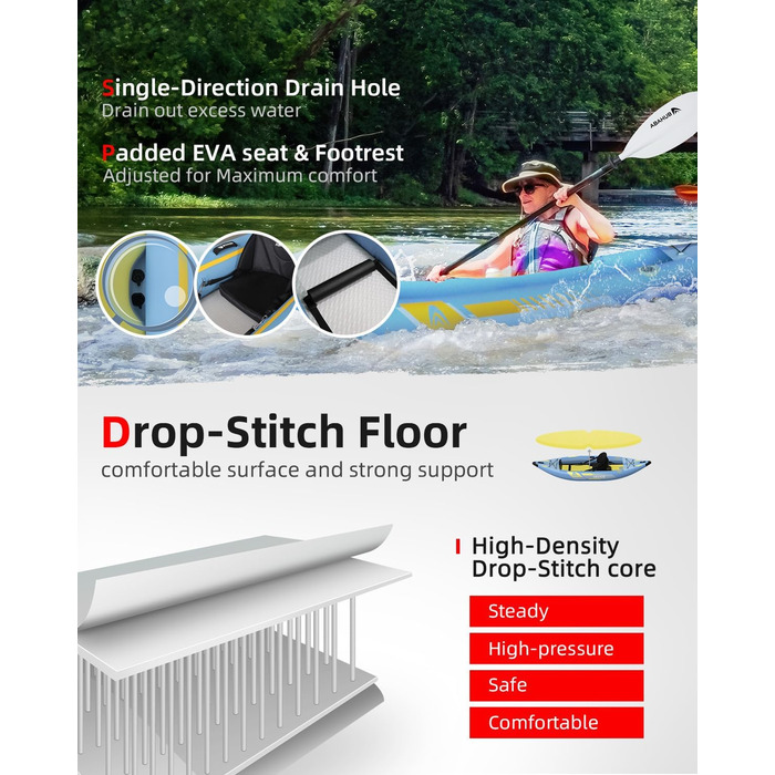 Надувний каяк Abahub 320 см/420 см з веслом для каяка, сидінням для каяка, підставкою для ніг, ручним насосом та сумкою для каякінгу, каное, надувний човен 1/2 сидіння 320/420x89x23 см світло-блакитний 1 сидіння 320 см