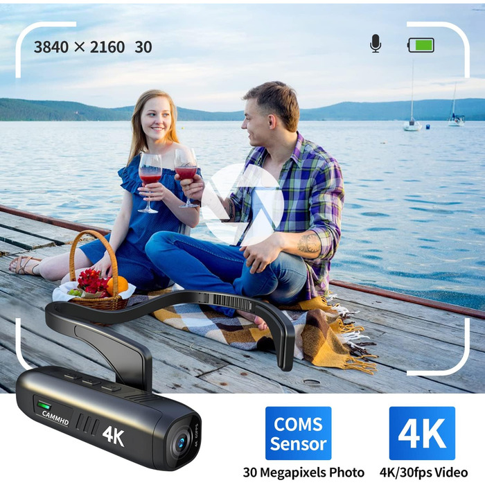 Наголовна камера Smart Anti-Shake Hands Free Body Cam 2200mAh 5 годин Натільна камера Wi-Fi APP Control, 2-64G 4K/2160P HD