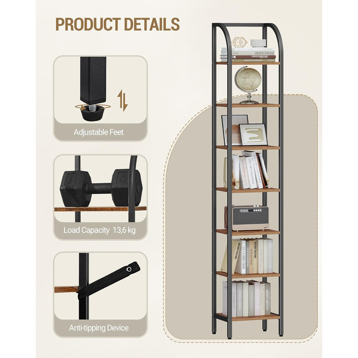 Полиця Hzuaneri, книжкова шафа, 7-ярусна полиця, полиця для DVD, вузькі полиці, офісна полиця в індустріальному стилі, металевий каркас для вітальні, спальні, кухні, вінтажний коричнево-чорний BC57001B 30 x 33,6 x 208,5 см, вінтажний коричнево-чорний