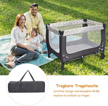 Ліжечко-манеж COSTWAY 2 в 1, складне, 120 x 60 см, 2-рівневе дитяче ліжечко з матрацом та сумкою для перенесення (сіре)