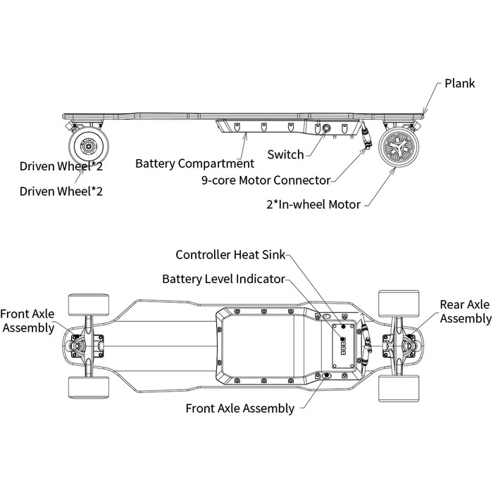 Електричний скейтборд D3L 31" Dual 500W Longboard – чотириколісний лонгборд з двома моторами 1000W, IPX4, 38 км/год, дальність 20 км, пульт 2.4G