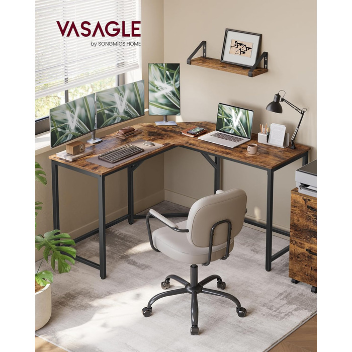 Кутовий письмовий стіл VASAGLE, L-подібний комп&39ютерний стіл, 129 x 129 x 76 см, компактний офісний стіл, домашній офіс, ігровий, вінтажний коричневий-чорний LWD124K01 Вінтажний коричневий чорний 129 x 129 см без полиць
