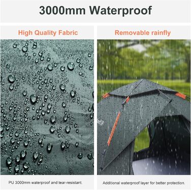 Автоматичний кемпінговий намет на 2 особи, миттєвий намет, що відкривається, купольний намет на 4 сезони, водонепроникний та вітрозахисний кемпінговий намет зі знімним зовнішнім полотном для сімей, зелений