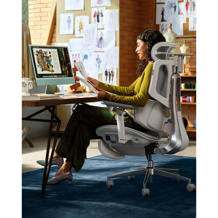 Інтелектуальне ергономічне крісло Hbada X7, офісне крісло, з повністю автоматичною поперековою опорою, регульованим підголівником 4D, регульованими підлокітниками 720, вентильованою подушкою сидіння, функцією повороту, сірим поліпропіленом