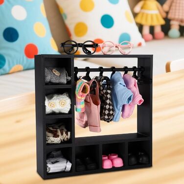 Шафа для ляльок, 20x20x5 см, Пластикова шафа для ляльок з 10 вішалками для організації одягу, взуття, капелюхів, сонцезахисних окулярів, сумок, різноманітного одягу та аксесуарів (чорна)