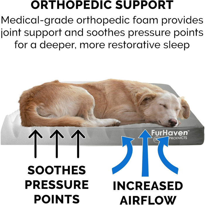 Ортопедичне ліжко для собак Furhaven середнього розміру, водостійке, для використання в приміщенні/на вулиці, з логотипом Oxford Polycanvas, зі знімним чохлом, що прається - сірий колір, середній розмір Д 76 x Ш 51 x В 8 см