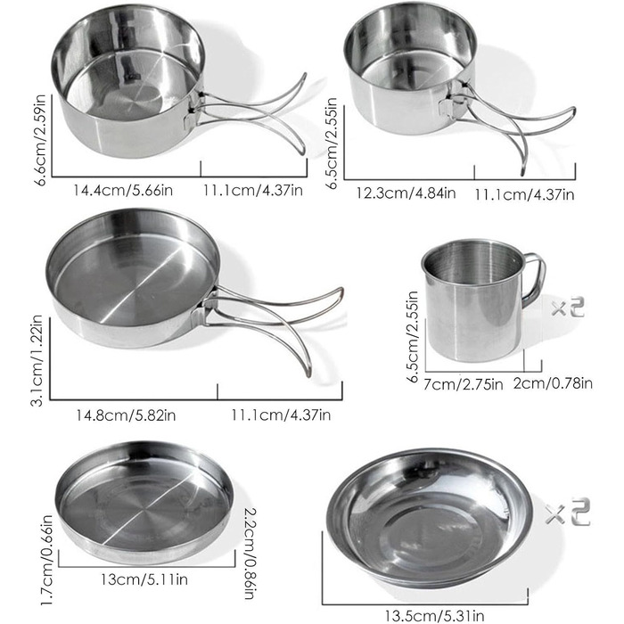 Набір посуду з нержавіючої сталі 8 предметів для кемпінгу та відпочинку на природі, портативний набір мисок та тарілок для пікніка Легкий кухонний набір з харчової нержавіючої сталі для піших прогулянок, подорожей з рюкзаком, подорожей та барбекю