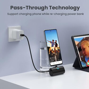 Міні-павербанк 5200 мАг, зовнішній акумулятор Small Power Bank USB C PD, компактний акумулятор з РК-дисплеєм і цифровим дисплеєм, сумісний з iPhone 15/16, Samsung S23/24 Series, Note20/10 Series, Huawei, iPad Pro/Air-Black