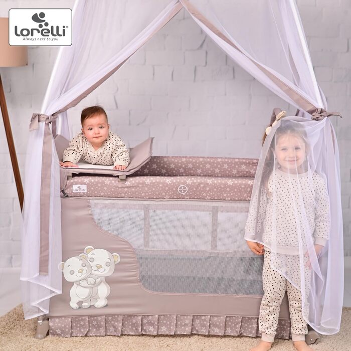 Дитяче ліжечко та манеж Lorelli 3-в-1, ліжко-балдахін Magic Sleep з 2 рівнями, ліжечко від народження, дитяче дорожнє ліжечко, пеленальний килимок, колеса, сумка, рожевий
