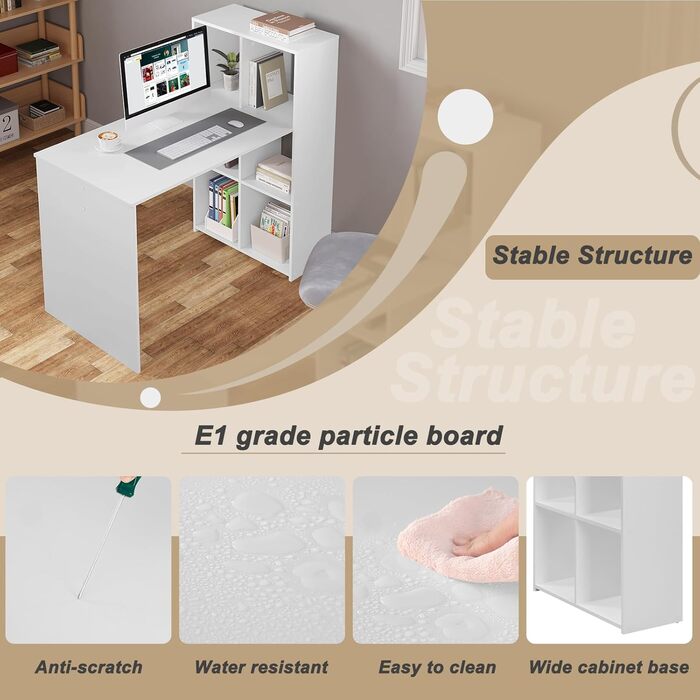 Письмовий стіл eSituro з 6 полицями, 120x63 см, білий комп&39ютерний стіл з місцем для зберігання, офісний стіл, ПК-стіл, кутовий стіл для навчання, вітальні, спальні, офісу, можна встановити ліворуч або праворуч
