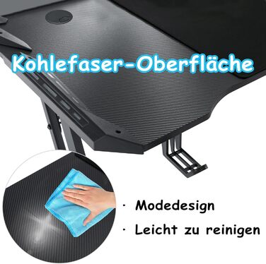 Ігровий стіл 140x60 см з регульованою висотою, світлодіодним освітленням, органайзером для кабелів, підставкою для навушників та підсклянником, ергономічний комп&39ютерний стіл 140 см з вуглецевого волокна та світлодіодним освітленням