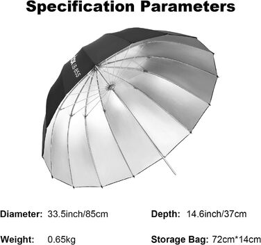 Світловідбиваюча параболічна парасолька, 85 см, чорний/сріблястий, фотопарасолька з сумкою для перенесення, портативна для студійної зйомки Vedio, спалах Speedlite (UB-85S), 85S