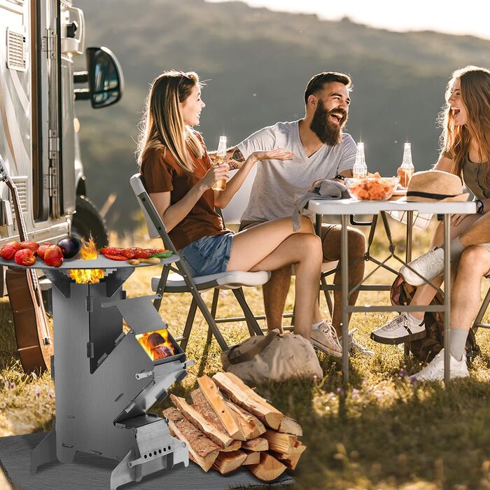 Ракетна піч з грилем та гачком для вогню, модель для вулиці з 2 додатковими ніжками, кемпінгова дров&39яна піч, барбекю, кемпінгова плита, кемпінговий гриль, ракетна піч виготовлена з цільної сталі товщиною 3 мм