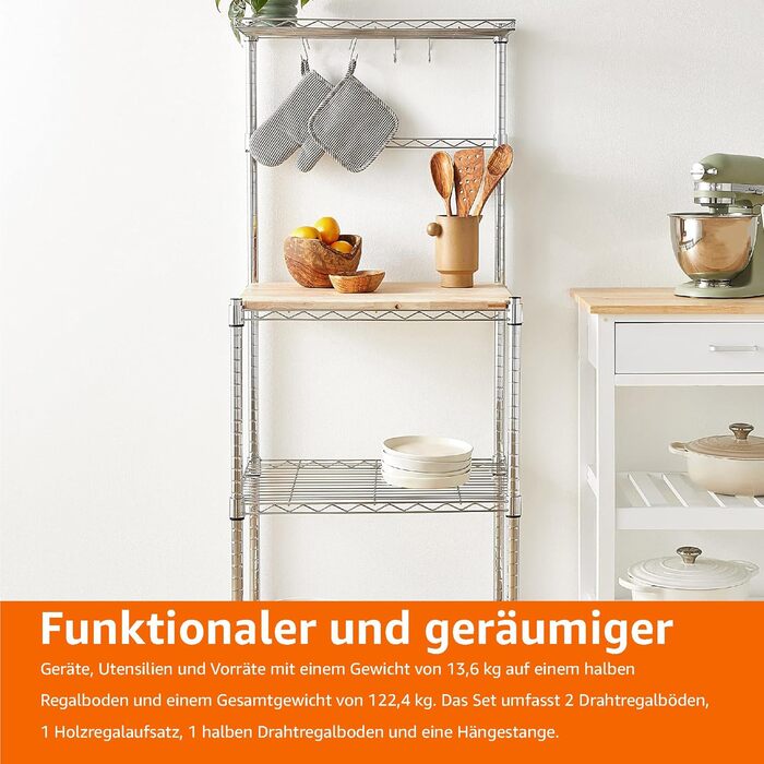 Кухонна полиця Storeo Basics 3, пекарська полиця з дерев&39яним столом, хромована, дерев&39яна, 61 см хромована, бежева