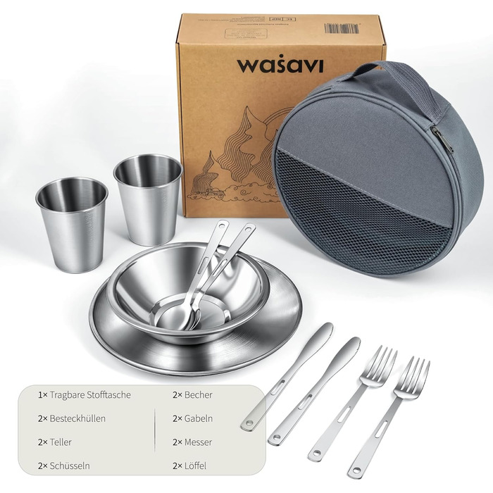 Набір столових приборів для кемпінгу на 2 особи набір кемпінгового посуду зі столовими приборами з нержавіючої сталі, тарілками, мисками та склянками. У комплекті чохол для столових приборів. Портативний набір посуду для активного відпочинку, пікніків та 