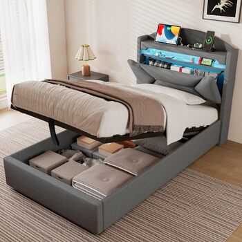 М&39яке односпальне ліжко 90x200 см зі світлодіодним освітленням, портом USB-C, гідравлічним ліжком, дитяче ліжко з місцем для зберігання та узголів&39ям, каркас ліжка з металевим каркасом, коробкою для зберігання та рейковою основою, лляне, сіре, без мат