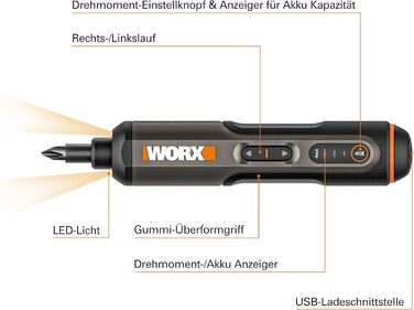 Акумуляторний шуруповерт WORX 4V WX240, 1,5 Агод, 3-швидкісне регулювання крутного моменту, світлодіодне підсвічування, 5/4/2,5 Нм