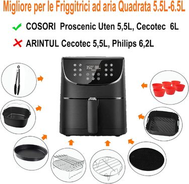 Аксесуари для фритюрниці 22 см Набір із 13 предметів, аксесуари для квадратної фритюрниці з антипригарним покриттям без бісфенолу А з силіконовою формою, сумісні з COSORI Princess Innsky Uten KLAMER Tefal 5.5 л, 5.6 л 6.5 л фритюрниці Фритюрниця