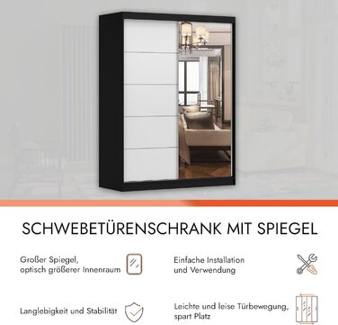 Шафа з дзеркалом, розсувні двері - Шафа з розсувними дверима, шафа для спальні - 61 x 150 x 200 см - Шафа для спальні, гардеробної, шафа - чорний, білий