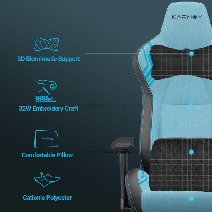 Ігрове крісло KARNOX з тканини, ергономічне гоночне крісло, регульована висота робочого столу з підголівником та поперековою подушкою, кут нахилу 155, регульовані підлокітники 4D, синій