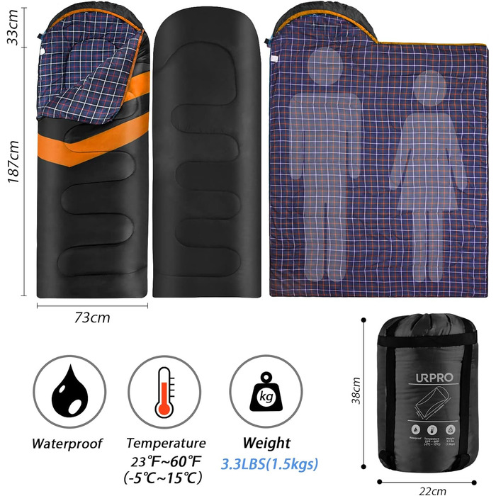 Фланелевий спальний мішок 3-4 сезони 1,6 кг, підходить для зими, осені та весни, виготовлений з порожнистого волокна та приємний для шкіри, водовідштовхувальний, чорний