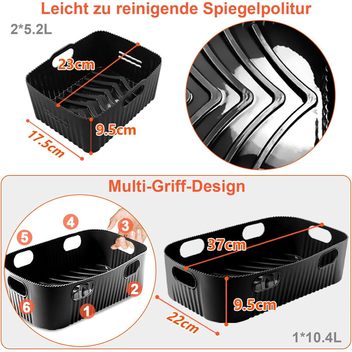 Силіконова форма для фритюрниці 3 шт. для Ninja AF500EU, аксесуари для фритюрниці Ninja Foodi Flexdrawer 10.4 л AF500DE, багаторазова фритюрниця з силіконовою формою, аксесуари для фритюрниці Ninja (чорна) 3 шт. (1 x 10.4 л 2 x 5.2 л) чорний