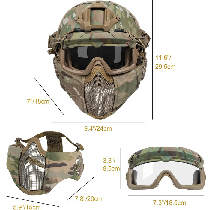 Шолом OneTigris для страйкболу, пейнтбольний шолом Mich 2000 з маскою та окулярами, камуфляж для страйкболу та пейнтболу