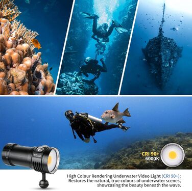 Підводний відеоліхтар L12 7500 люменів - Професійний відеоліхтар для дайвінгу з CRI 90, білим світлом 6000K, акумуляторний USB-C, для дайвінгу/підводної фотозйомки (водонепроникність IP68, глибина занурення 100 м) Знімний акумулятор (заряджання через USB-