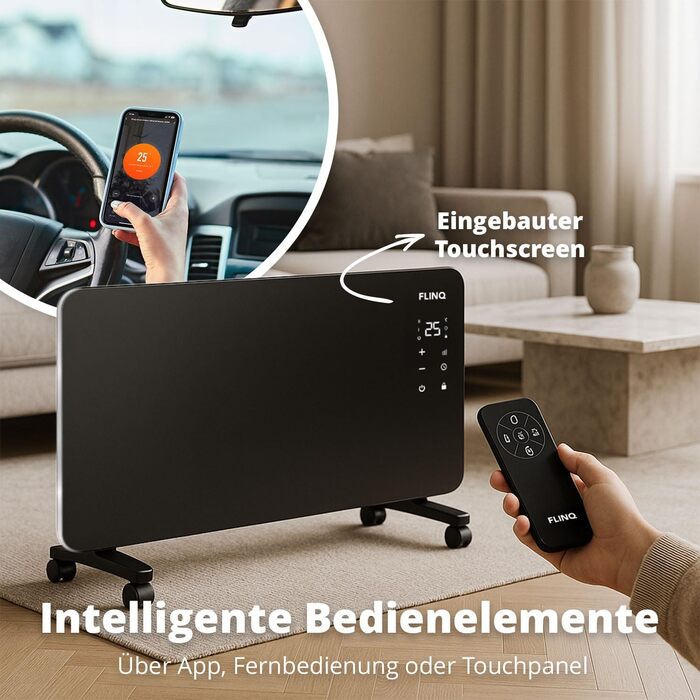 Розумний конвектор FlinQ 2000 Вт - Скляний конвектор, керування за допомогою застосунку - Обігріває до 60 м - Портативний електричний обігрівач - 96 x 46 x 13 см - Чорний