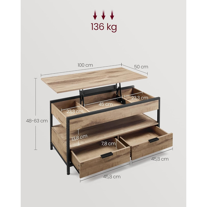 Журнальний столик VASAGLE, стіл для вітальні з регульованою висотою, журнальний столик, з шухлядами, відкритий відсік, 50 x 100 см, колір верблюжого коричневого кольору - чорнильний LCT209K02 63 см x 50 см x 100 см, колір верблюжого коричневого кольору чо
