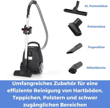 Пилосос з мішком Fakir Blue Vac Power TS 721, 800 Вт, з кабелем, HEPA H14 фільтр, тихою високоефективною мотором 69 дБ(А), містком для пилу 3 л та радіусом дії 12 м, чорний/синій