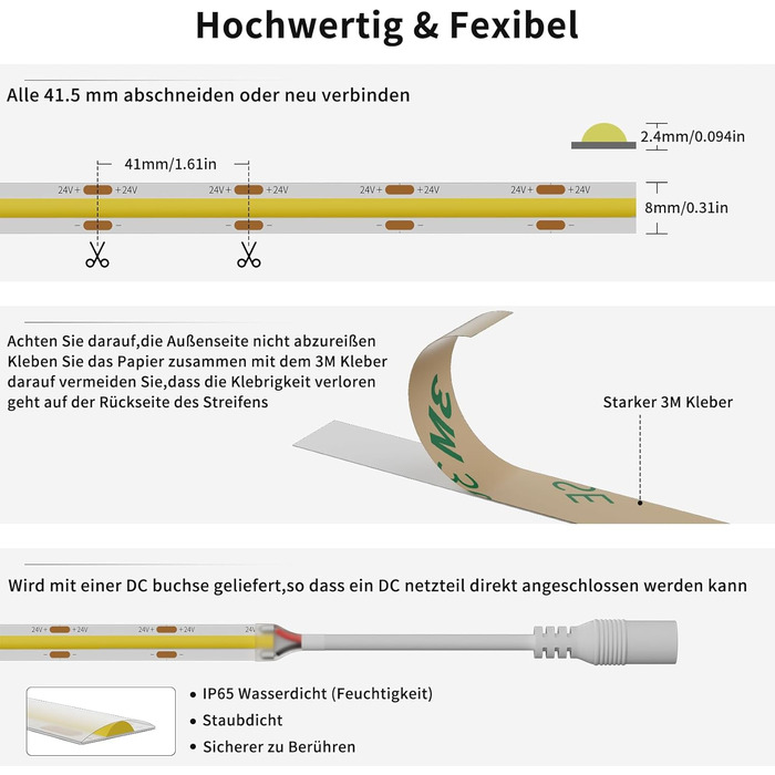 Світлодіодна стрічка PAUTIX COB IP65 водонепроникна 3000K тепла біла DC24V, 6 м 504 світлодіоди/м Світлодіодні стрічки CRI90, світлодіодна стрічка для домашньої кухні своїми руками з 8-міліметровим роз'ємом для качана (адаптер живлення не входить у компле